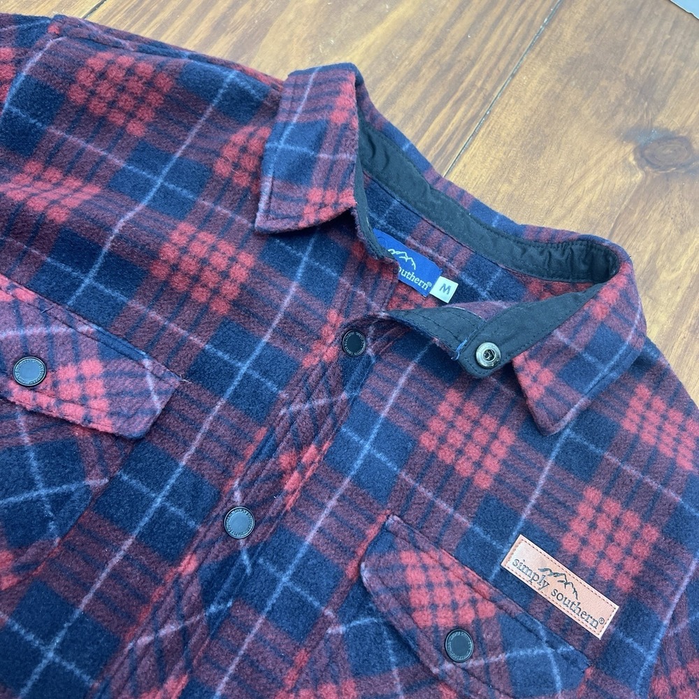 Simply Southern Mens Red Navy Blue Plaid Fleece Snap Front Shirt Jacket Size M